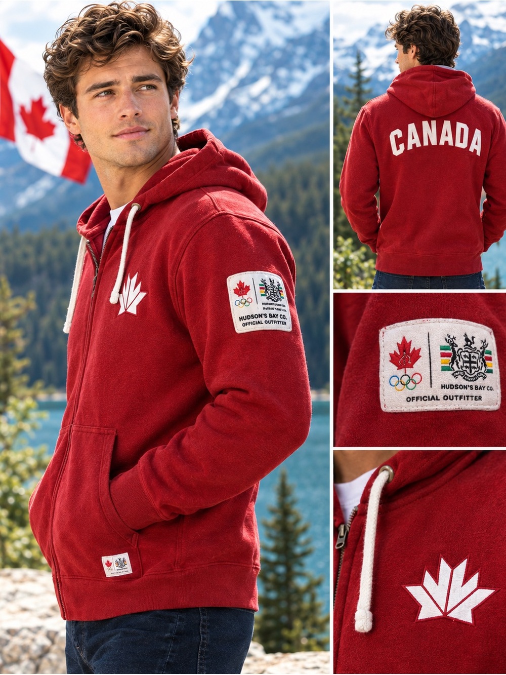 Vintage Team Canada Olympic Hoodie Hudson’s Bay HBC Red Full Zip Men’s M